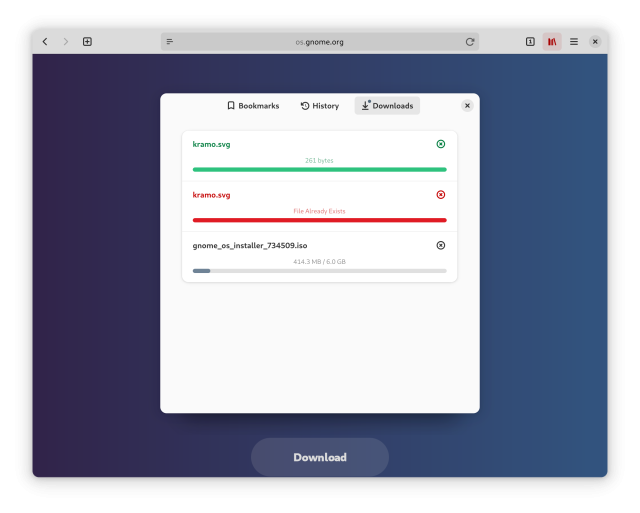 The Downloads page in the Library dialog. There is one successful, one failed, and one in progress download. The successful download is tinted green, the failed download is tinted red. The library button is tinted red, indicating an error has occurred.