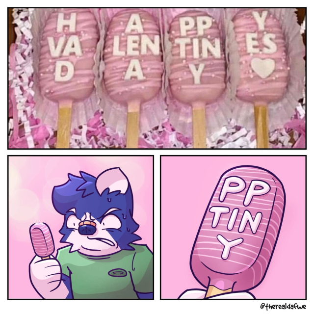 An image split into two sections: the top features pink ice cream bars with the letters spelling "HAPPY VALENTINE'S" and a heart, while the bottom shows a character with blue hair and a frustrated expression holding a pink popsicle that reads PP TIN Y