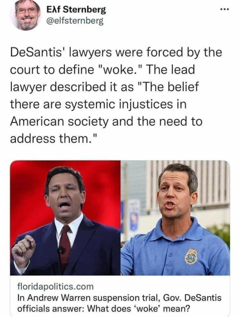 Eλf Sternberg
@elfsternberg 
DeSantis' lawyers were forced by the court to define "woke." The lead lawyer described it as "The belief there are systemic injustices in American society and the need to address them." 

(Pictures of Ron DeSantis and another man)
floridapolitics.com 
In Andrew Warren suspension trial, Gov. DeSantis officials answer: What does ‘woke’ mean? 