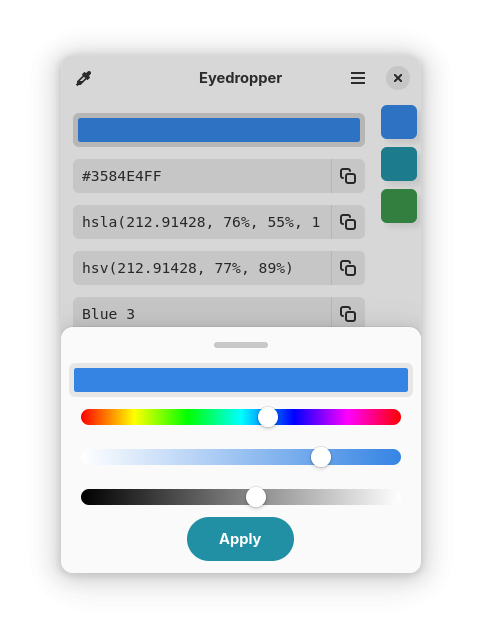 A digital color picker tool with a blue color currently selected. It features an eyedropper button and multiple color. In the foreground a bottom sheet is opened with HSL color sliders, and an "Apply" button.