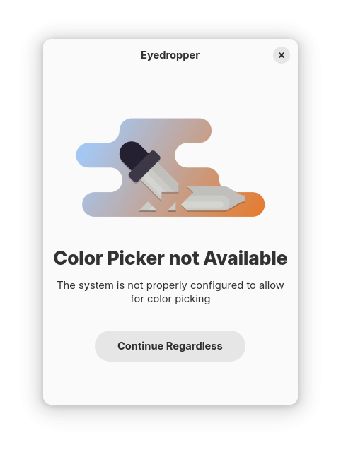 Screenshot of Eyedropper, showing an illustration of a shattered Eyedropper with a warning text that the system is not properly configured