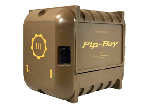 Pip-Boy prop replica case. A brown plastic box with Fallout graphics ("111" and "Pip-Boy") in yellow. It's meant to look like an industrial equipment case/enclosure.