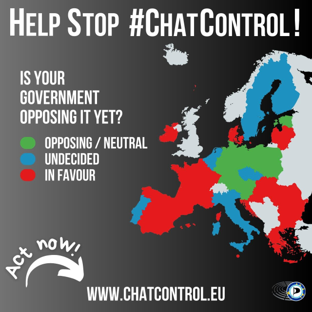 Sharepic zeigt eine Karte von Europa. „Hilf die Chatkontrolle zu stoppen! Ist deine Regierung schon dagegen?“ Zeigt den größten Teil der EU in roter Farbe, also „für“ Chatkontrolle. „Handele jetzt! www.chatkontrolle.de“ und das Logo der europäischen Piraten.