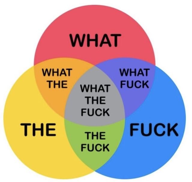 Venn diagram of the words WHAT, THE, and FUCK. Overlapping parts read, WHAT THE, WHAT FUCK, THE FUCK, and in the middle, WHAT THE FUCK. 