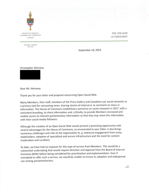 A jpg version of the original letter sent. It is on Speaker of the House of Commons letter head. I have blacked out my address.