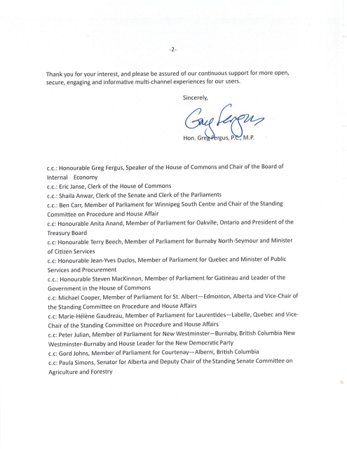 The second page of the letter includes his final sentence and his signature along with the long list of CC recipients of the letter.