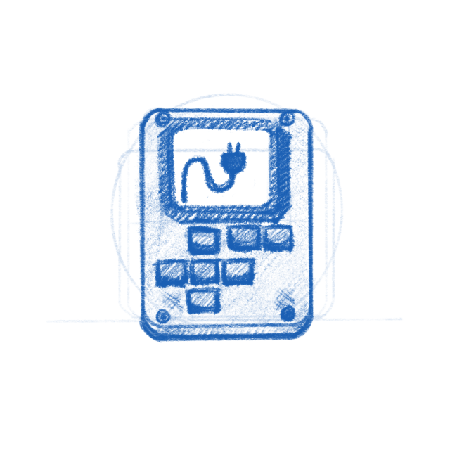 M8 Gate app icon sketch. This is a blue, hand-drawn sketch depicting the first generation of teh Dirtywave M8. It includes a screen in the upper part, displaying a power plug icon, and below the screen are several square buttons in two rows. 