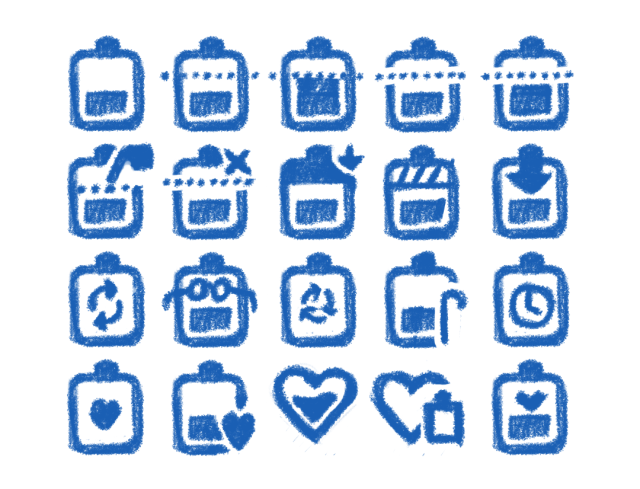 This image consists of 20 small, stylized icons arranged in a 5x4 grid. The icons are drawn in a blue, rough sketch style. 
   The sketches show different levels of battery charge, some with bars or symbols like hearts or arrows.  One icon includes recycling arrows, another one features a clock, an old man glasses and dashed lines. The author is looking for a metaphor for battery health - charging batteries in a way that prolongs their lifetime.