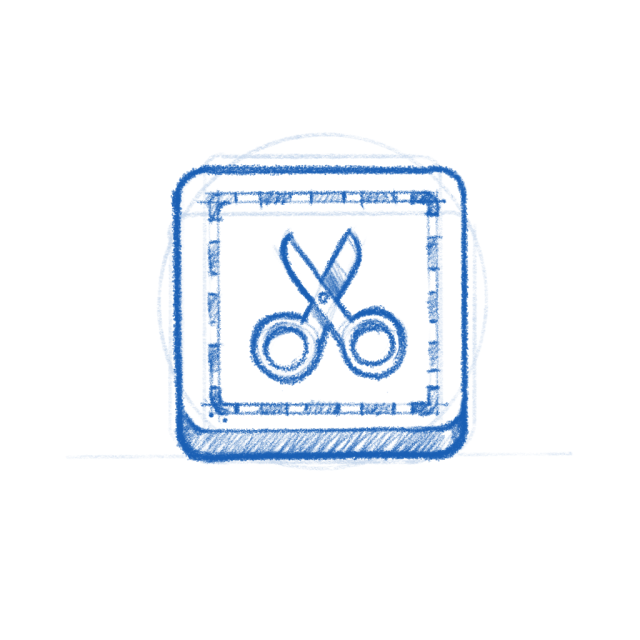 Mini Screenshotter app icon sketch. The sketch depicts a square frame containing a simple pair of scissors, drawn with thick lines. The scissors are neclosed in a "marching ants" rectangle.