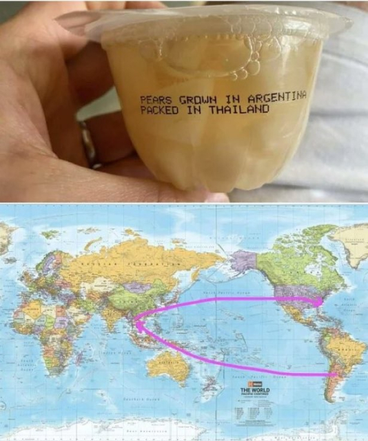 Two images, one above the other. On top is a photo of a single-serving package of pears in a plastic container. Label on the package says: "Pears grown in Argentina. Packed in Thailand." Below this is a map of the world, with arrows showing the long long long journey of pears from Argentina to Thailand and then back across the Pacific Ocean to the United States, where the single-serving package above was purchased.