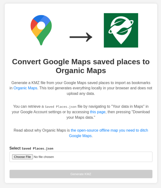 A screenshot of the "Convert Google Maps saved places to Organic Maps" tool.