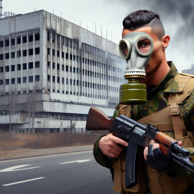 Imagen hecha por IA de Cristiano Ronaldo como si fuera un Stalker del juego S.T.A.L.K.E.R.: Shadow of Chernobyl, en Prípiat, con máscara de gas y un rifle AKMSU.