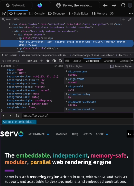 On the left, it shows the DOM inspector with the tree view, CSS list and computed properties views. On the right is servoshell with servo.org opened.