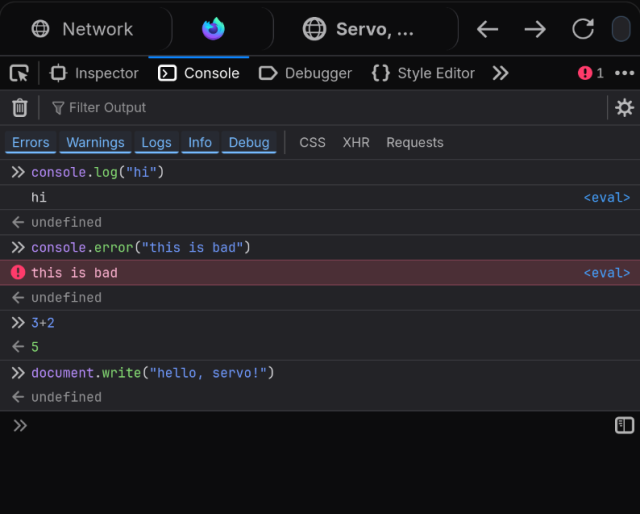 Developer JavaScript console that shows commands and their results