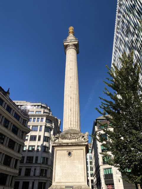 View up the Monument from close below, a very tall obelisk-like column. 