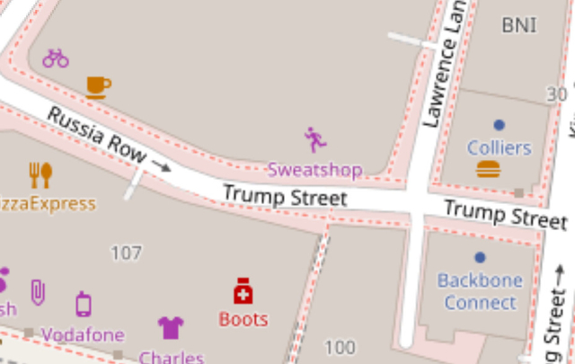 Excerpt from Openstreetmap showing Trump
Street from east to west suddenly becoming Russia Row without any intersection.