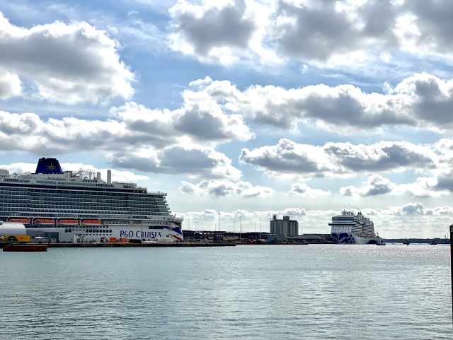 Different view over the harbour. There are two more cruise ships, one close and one a bit further away.