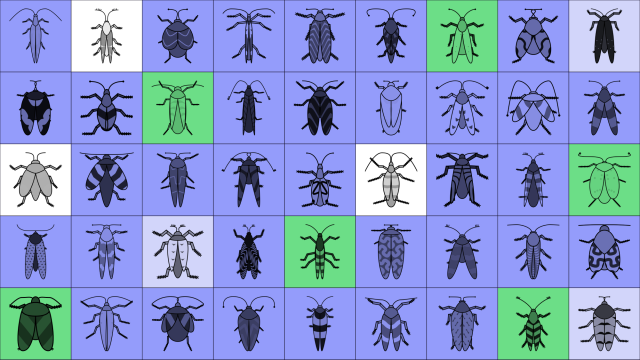 45 unique black outlines of beetles and bugs in a grid, mostly in squares with a lilac background, but with white and green squares interspersed. The bugs are all generative art by bleeptrack.