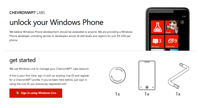 screenshot of the chevronwp7 labs website, designed in Microsoft's design language, with a headine saying "unlock your Windows Phone" and an image of a Windows Phone off to the side. "We are providing a Windows Phone developer unlocking service to developers across all skill levels and regions for just $9 USD per phone."