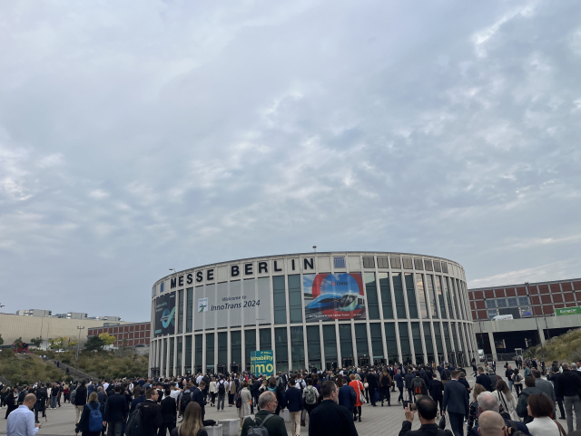 Big CRRC banner on the circular entrance to the south of Messe. 