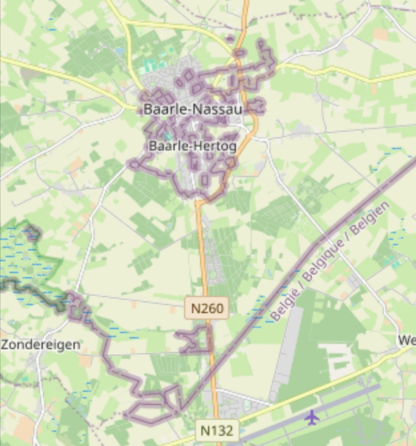 Openstreetmap image of the crazy border situation in Baarle, on the Dutch-Belgian border. It is on the Dutch side, but there are squiggly internal borders as some parts of the city are actually Belgian territory fully enclosed in Dutch territory. There are even some patches of Dutch territory fully enclosed in Belgian territory fully enclosed in Dutch territory.