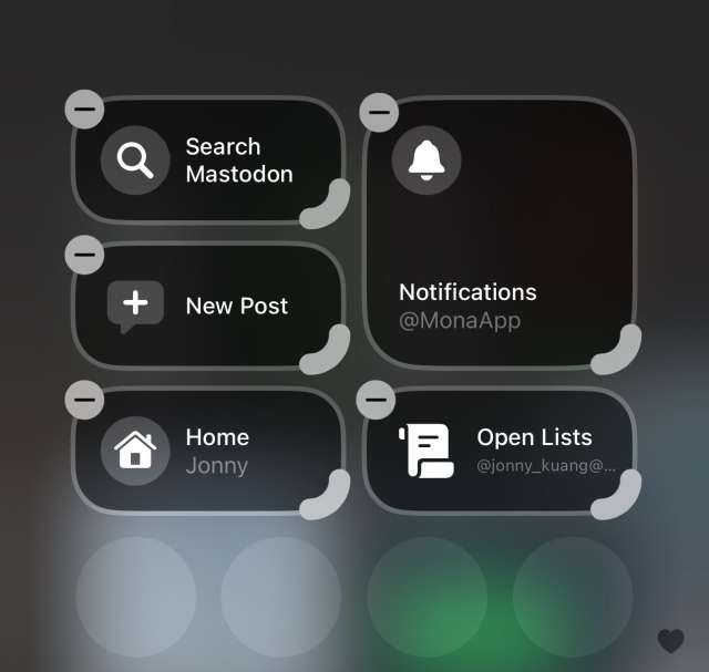 Screenshot of the Control Center on an iPhone showing multiple custom controls from the Mona app, including Search Mastodon, New Post, Home, Notifications, and Open Lists.