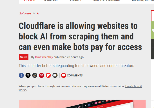 Cloudflare is allowing websites to block AI from scraping them and can even make bots pay for access