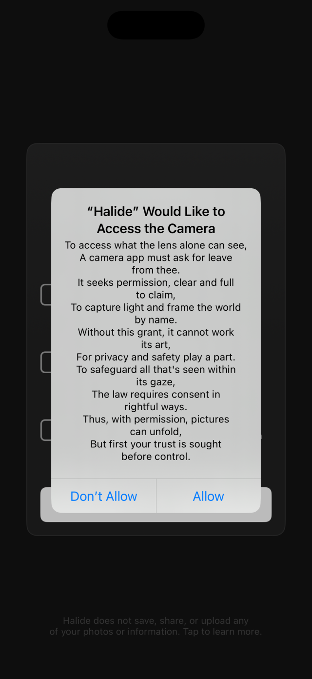 A camera privacy prompt with the text:

To access what the lens alone can see,
A camera app must ask for leave from thee.
It seeks permission, clear and full to claim,
To capture light and frame the world by name.
Without this grant, it cannot work its art,
For privacy and safety play a part.
To safeguard all that's seen within its gaze,
The law requires consent in rightful ways.
Thus, with permission, pictures can unfold,
But first your trust is sought before control.