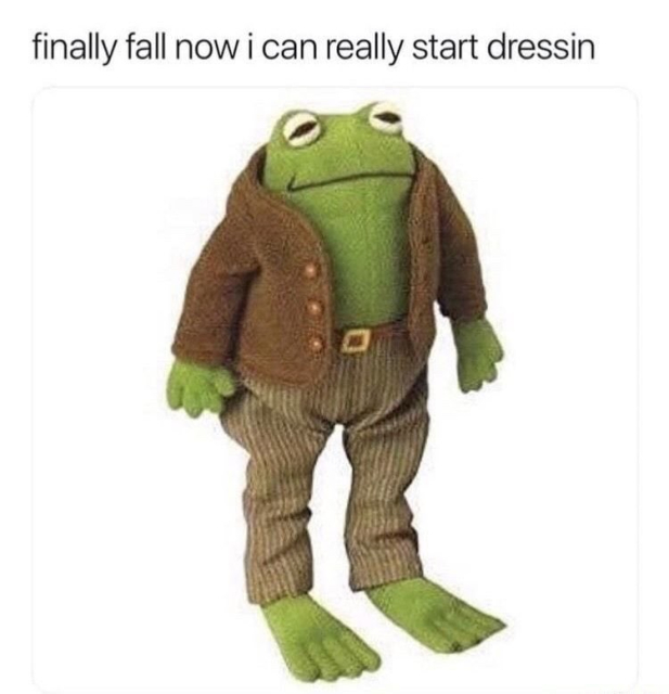 Frog plushie, wearing brown courdoroys and a spiffy jacket

Finally fall now I can really start dressin

