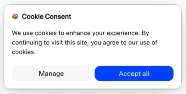 “Cookie Consent – We use cookies to enhance your experience. By continuing to visit this site, you agree to our use of cookies.” Two buttons: “Manage” and “Accept all”