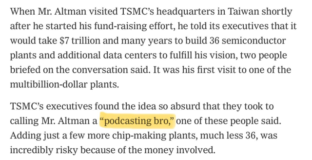 When Mr. Altman visited TSMC’s headquarters in Taiwan shortly after he started his fund-raising effort, he told its executives that it would take $7 trillion and many years to build 36 semiconductor plants and additional data centers to fulfill his vision, two people briefed on the conversation said. It was his first visit to one of the multibillion-dollar plants.

TSMC’s executives found the idea so absurd that they took to calling Mr. Altman a “podcasting bro,” one of these people said. Adding just a few more chip-making plants, much less 36, was incredibly risky because of the money involved. 