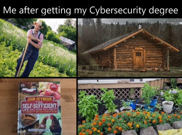 Four images arranged in a grid under the text "Me after getting my Cybersecurity degree." Top left: A man wearing overalls and a straw hat, leaning on a shovel in a green field. Top right: A log cabin in a wooded area with a single door and window. Bottom left: A book titled "John Seymour: The Self-Sufficient Life and How to Live It." Bottom right: A small backyard garden with potted plants and orange marigold flowers.