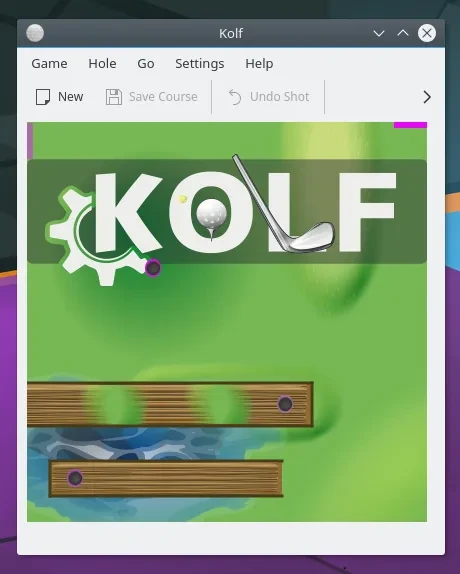 Screenshot of Kolf, a golf game for the Kool DesKtop EnviroKment, with thanks to @outie@slime.global for finding the perfect image to go with this toot