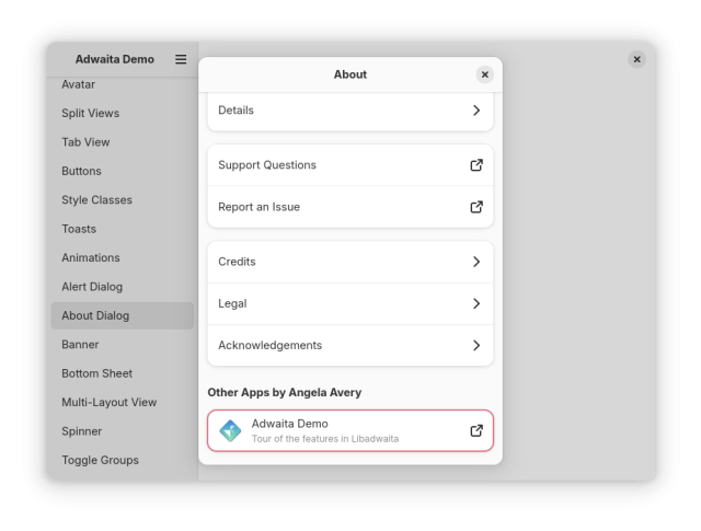 Screenshot of libadwaita About Dialog showing new "Other Apps by..." section