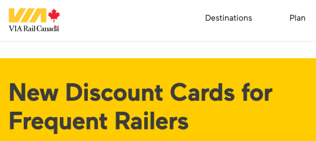 VIA Rail Canada website promo banner: "New Discount Cars for Frequent Railers".