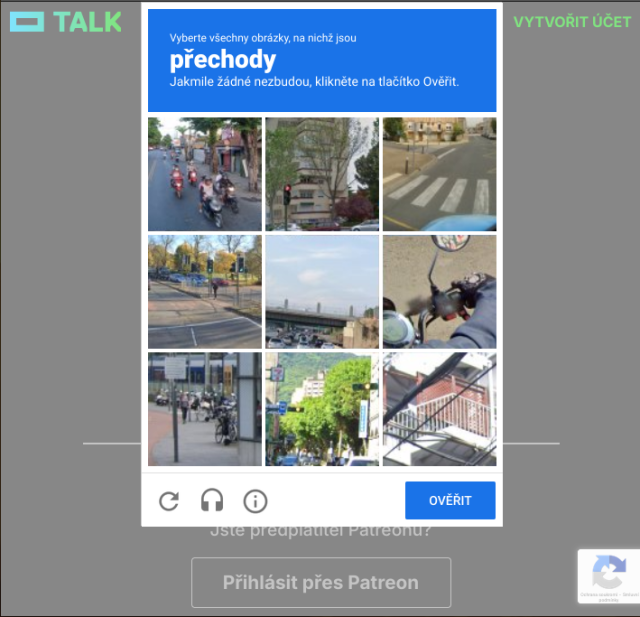 A login screen of video service Talktv.cz with a reCaptcha popup.