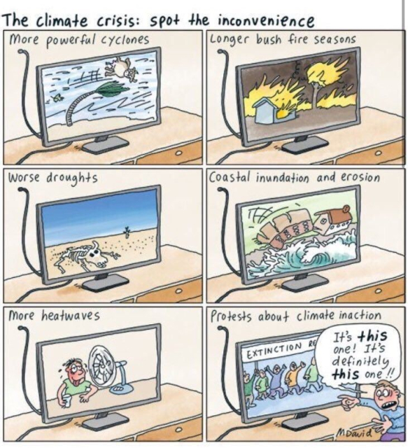 Caption: The climate crisis: spot the inconvenience.
A series of computer monitors, showing
More powerful cyclones,
longer bush fire season,
worse droughts,
coastal inundation and erosion,
more heatwaves, and
protests about climate inaction.
A person is pointing at the last screen saying "It's this one! It's definitely this one!!"