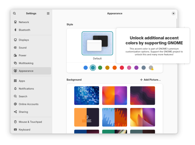 Screenshot of the GNOME settings app showing the appearance page. The accent color has an additional greyed-out circle with a padlock icon. Above the new accent color is a popup titled "Unlock additional accent colors by supporting GNOME", below the title is a smaller text explaining: "This accent color is part of GNOME's premium customization options. Support the GNOME project to unlock this and many more features!"