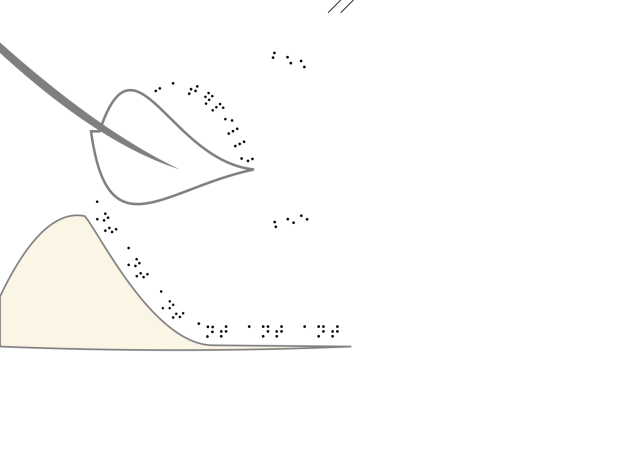 A leaf made out of grey outlines and a stem is in the center of the drawing. On top of the leaf, the braille characters spelling out "caterpillar" are arched mimicking the body posture of a caterpillar inching along. An anthill is at the bottom of the drawing, with a line of braille ants coming out of it and marching down the side and along the ground. Two braille bees are in the upper right and lower right areas of the drawing, flying in different angles.