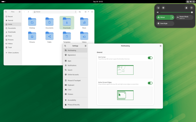 gnome desktop with nautilus, setting, and the quick settings open. accent colors are green