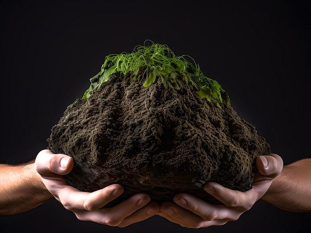 A pile of dirt with some grass on to being held in two hands.