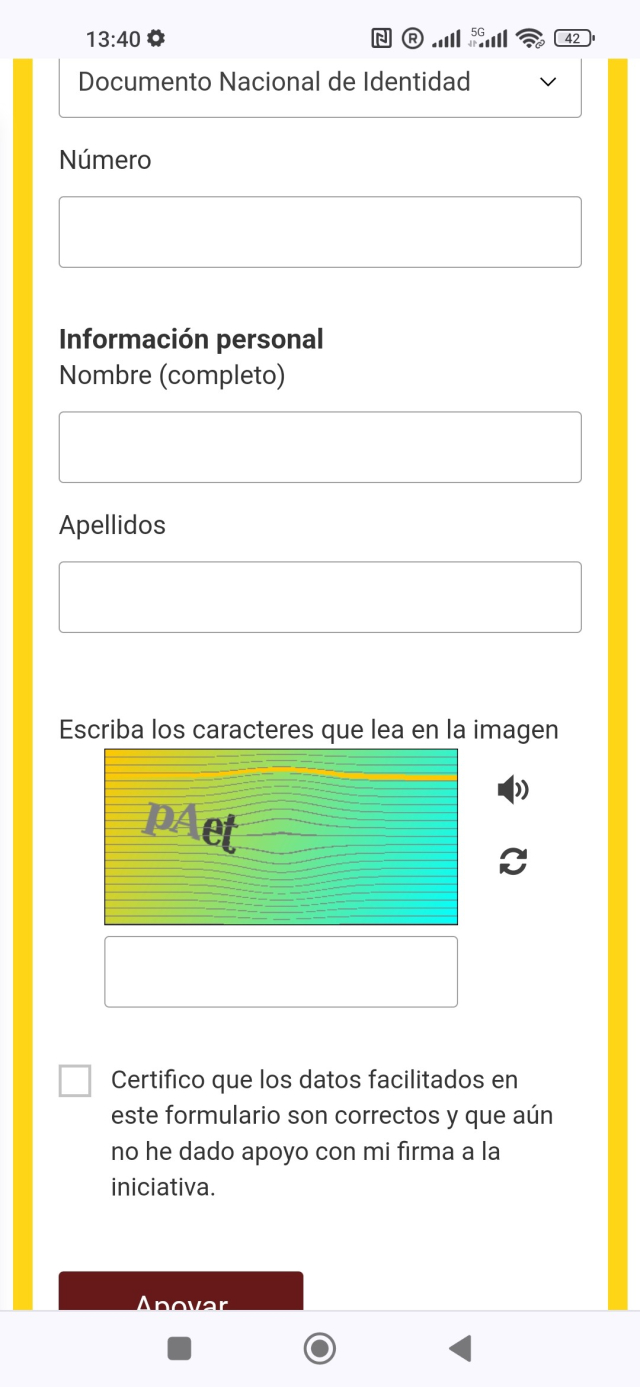 Segundo paso: un formulario que solo te pide nombre, dni, nación y un captcha