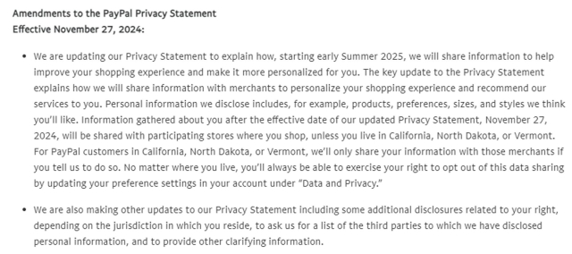 screenshot of the Amendments to the PayPay privacy statement, effective November 27, 2024, which basically says they'll be selling your information to merchants starting on that day, unless you opt out or live in California, North Dakota or Vermont, where they can't opt you in themselves.