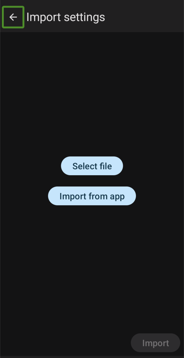 An Android screen titled "Import settings" To the left of the title, an arrow pointing left is highlighted.