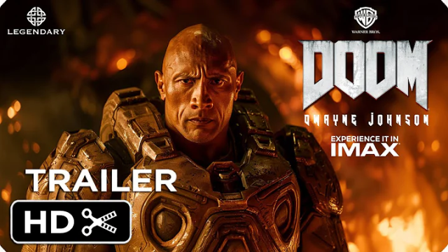 Miniatura de un supuesto trailer de la película Doom con Dwayne Johnson, con La Roca usando el traje del Doomslayer, hecho por IA.