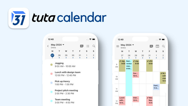 Images of the dedicated Tuta Calendar app on a mobile device.