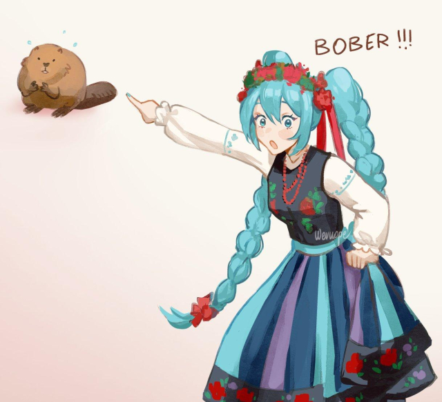 Digital art, Miku wearing traditional Polish clothing points at a beaver in the top-left corner of the image and says "BOBER!!!"