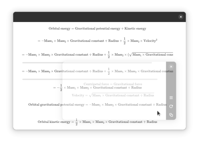 A screenshot of Kasasa, showing 2 screenshotted equations. The app is overlaid on some working that applies these equations. The cursor is over the app, which has caused it to go transparent, revealing more of the working beneath