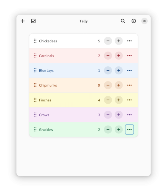 A tally counter app. The app shows a list of tally counters named by the user. The list contains several species of birds, plus chipmunks. Each counter is given a colour that roughly matches the species it counts. 