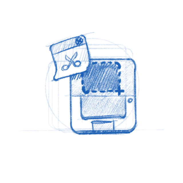 Mini Screenshot app icon sketch. A notebook with an area of the screen cut off with scissors.